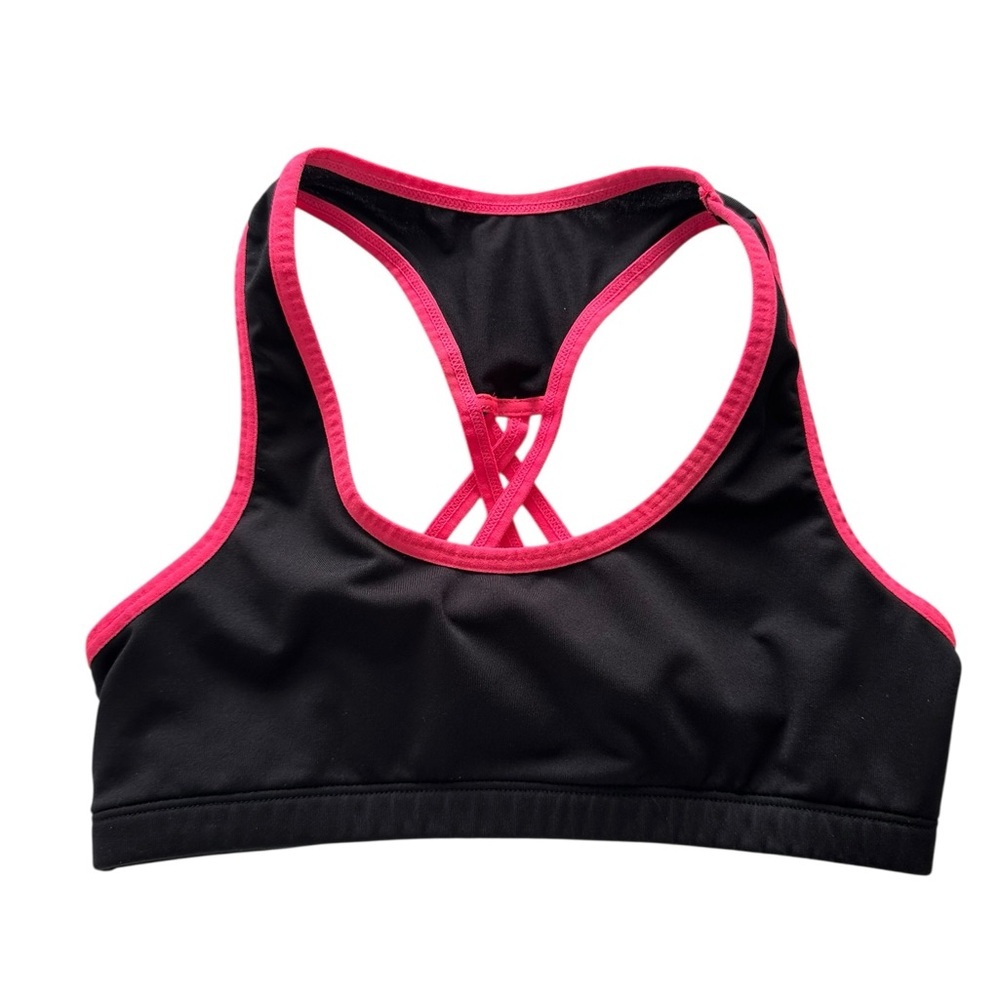 Fruit of the Loom. Girls Size 30 Black Sports Bra with Hot Pink Trim. 11.5” p2p